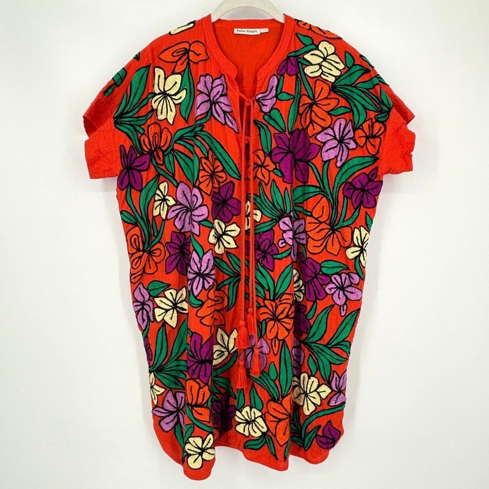Roller Rabbit Orange Floral Embroidered Tassel Tunic Dress Pockets Cotton Size M - Picture 2 of 15